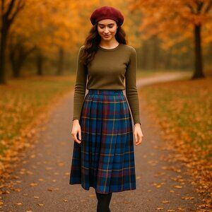 Vintage Wool Taŕtan Pleated Blue Plaid Women's Midi Skirt Size 9/10